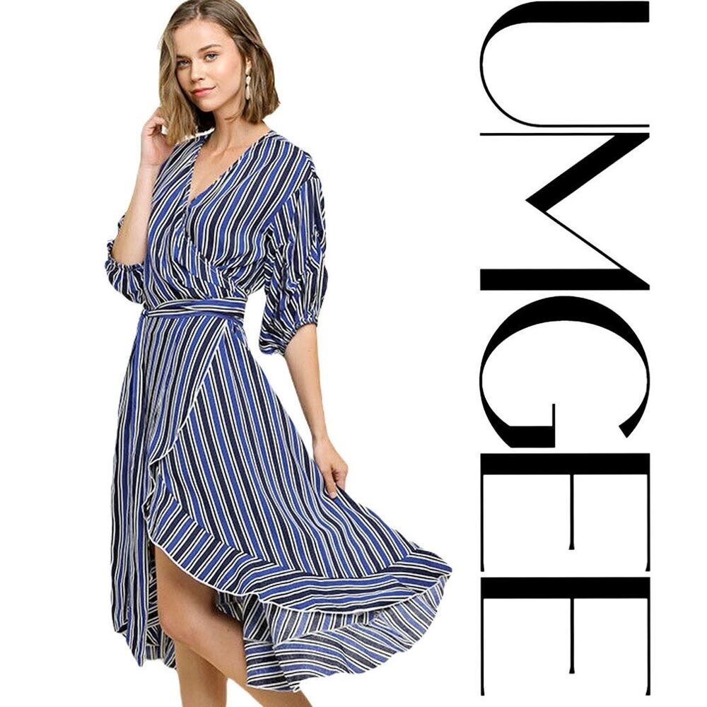 Umgee Blue White Striped Wrap Dress Womens Small 100%‎ Rayon